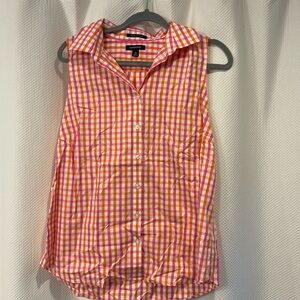 Womans size 14 Lands' End Pink and Orange Checkered Button Down sleeveless Shirt